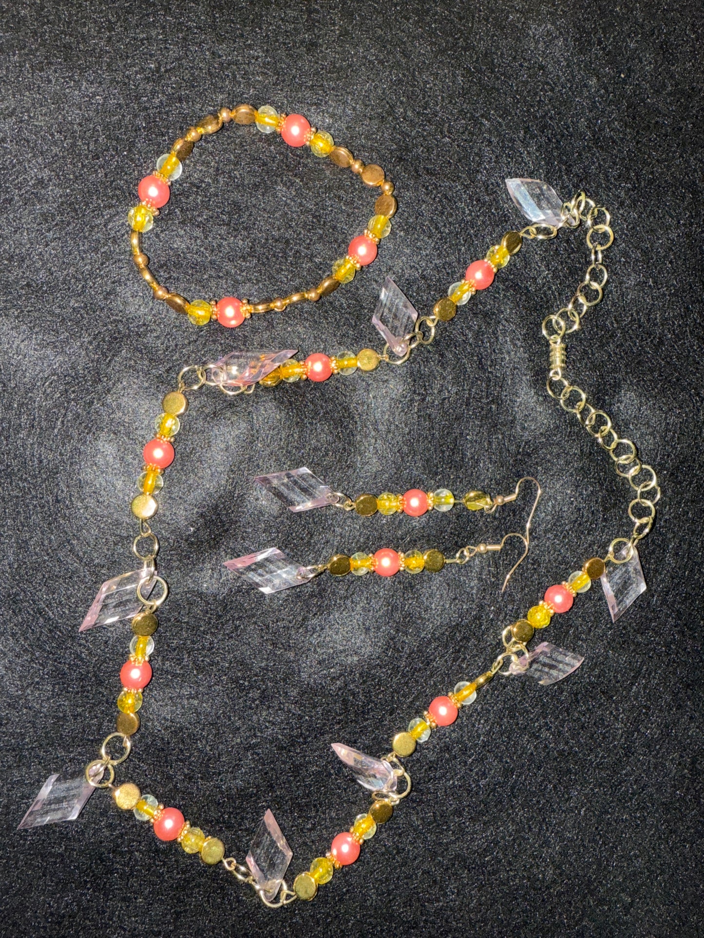 Pink pearl, yellow and gold beaded necklace set