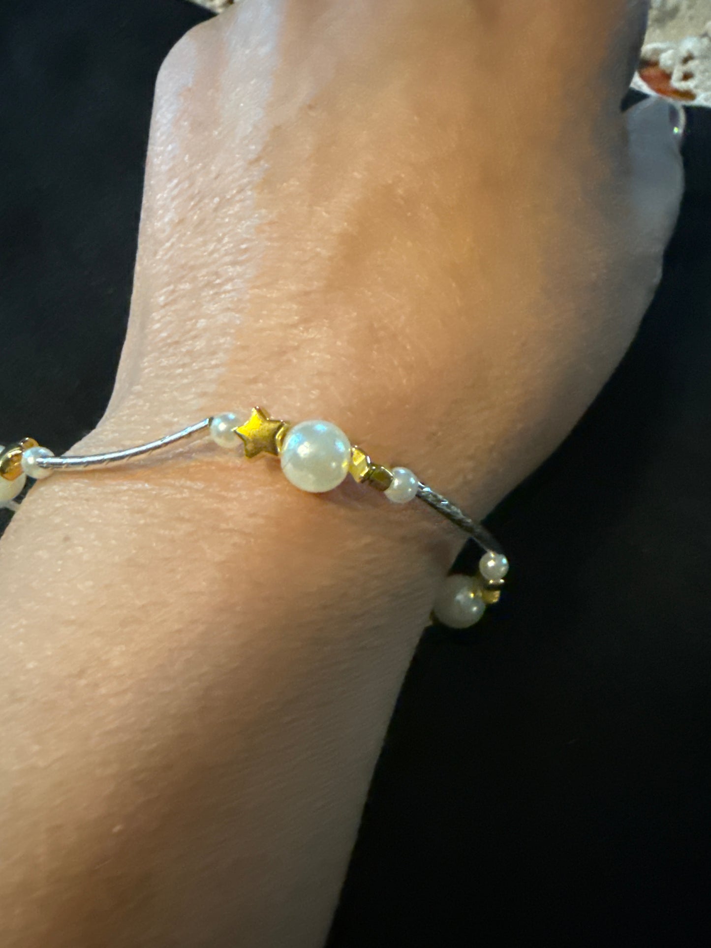 Pearl, gold star & silver blessing bracelet
