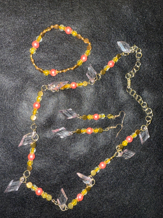 Pink pearl, yellow and gold beaded necklace set